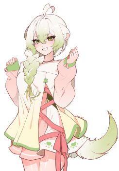 1girl absurdres ahoge animal_ears braid braided_ponytail dress eyeliner ferret_ears ferret_girl ferret_tail green_eyeliner green_eyes green_hair green_nails green_tail highres indie_virtual_youtuber laimu_(vtuber) makeup multicolored_tail roxoah smile tail white_background white_hair white_tail