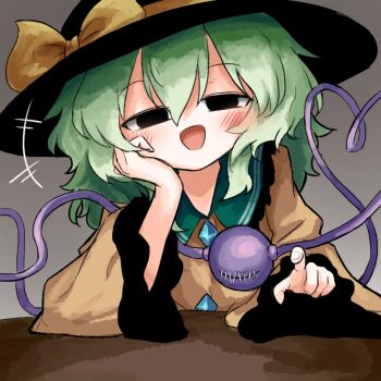 1girl black_eyes black_hat blush bow buttons commentary_request diamond_button elbow_rest eyeball frilled_shirt_collar frilled_sleeves frills green_hair hand_on_own_cheek hand_on_own_face hat hat_bow hat_ribbon head_rest heart heart_of_string heripantomorrow komeiji_koishi open_mouth pointing pointing_at_viewer ribbon shirt smile smug solo stitched_eye table third_eye touhou wide_sleeves yellow_bow yellow_ribbon yellow_shirt