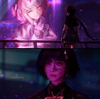 Rule 34 | 1girl, absurdres, aemeath (wuthering waves), aemeath (young) (wuthering waves), artist name, black hair, black jacket, blade runner (series), blade runner 2049, chromatic aberration, closed mouth, commentary, dress, english commentary, female rover (perpetual spark) (wuthering waves), female rover (wuthering waves), hair ornament, hand on own face, highres, hologram, jacket, jvn, long hair, looking at another, low ponytail, meme, one eye closed, orange eyes, pink hair, ponytail, rover (wuthering waves), short hair, smile, solo, star-shaped pupils, star (symbol), symbol-shaped pupils, white dress, wuthering waves, you look lonely (meme)