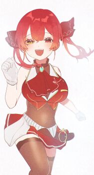 1girl ascot bare_shoulders belt blue_gem blunt_bangs blush bow breasts brown_belt brown_leotard brown_thighhighs clenched_hands commentary_request cowboy_shot floating_hair gem gloves hair_between_eyes hair_bow hand_up happy heart heart_print heterochromia highres hololive houshou_marine houshou_marine_(1st_costume) jewelry lapels large_breasts leotard long_hair looking_at_viewer microskirt navel open_mouth pendant pleated_skirt red_ascot red_bow red_eyes red_hair red_skirt red_vest sidelocks simple_background skirt smile solo standing teeth thighhighs twintails uka_df vest wavy_hair white_background white_gloves yellow_eyes zettai_ryouiki