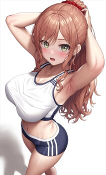 1girl armpits arms_behind_head arms_up bang_dream! black_shorts blush breasts brown_hair commentary_request dolphin_shorts from_above green_eyes hair_ornament hair_scrunchie imai_lisa lambda_(kusowarota) large_breasts long_hair open_mouth ponytail red_scrunchie scrunchie shorts simple_background solo sports_bra standing tongue white_background white_sports_bra