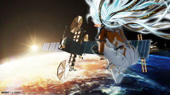 Rule 34 | 1girl, absurdres, ass, blue hair, bodysuit, copyright name, copyright notice, earth (planet), facing away, floating hair, from behind, full body, high heels, highres, hugging own legs, knees to chest, logo, long hair, mechanical ears, multicolored bodysuit, official art, official wallpaper, orange bodysuit, planet, shuguang (xinyue tongxing), solo, space, spacecraft, sun, two-tone bodysuit, very long hair, white bodysuit, xinyue tongxing