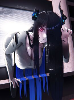 1girl absurdres alternate_costume asymmetrical_horns black_hair blue_eyes blue_hair breasts cleavage cosplay demon_horns hair_over_one_eye highres hololive hololive_english horns large_breasts long_hair multicolored_hair nerissa_ravencroft purple_eyes samara_chan slit_pupils solevisionarts solo static the_ring through_medium through_screen two-tone_hair uneven_horns virtual_youtuber yamamura_sadako yamamura_sadako_(cosplay)