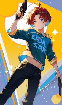 1boy aqua_hoodie ayiiiyiii black_pants blue_eyes blue_hair bungou_stray_dogs colored_inner_hair forehead gun handgun holding holding_gun holding_weapon hood hoodie long_sleeves male_focus midriff multicolored_hair navel oda_sakunosuke_(bungou_stray_dogs) open_clothes open_shirt pants red_hair short_hair solo weapon