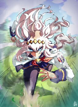 1girl ahoge animal_ears artbenbeau black_pantyhose blue_eyes blue_sailor_collar blue_skirt brooch commentary ear_ornament english_commentary eye_trail grey_hair grey_tail hair_between_eyes hair_ornament hairband highres horse_ears horse_girl horse_tail jacket jewelry light_trail long_hair long_sleeves multicolored_hair neckerchief oguri_cap_(starlight_beat)_(umamusume) oguri_cap_(umamusume) pantyhose parted_lips pleated_skirt red_neckerchief running sailor_collar shirt skirt solo star_brooch sweat tail umamusume white_jacket white_shirt