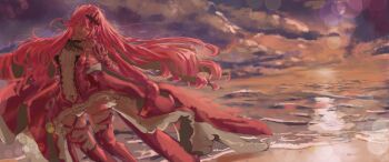 1girl absurdres baobhan_sith_(fate) boots cloud cloudy_sky dress fangs fate/grand_order fate_(series) hair_ornament head_tilt highres jinj0121 long_hair looking_at_viewer ocean parted_lips raised_arm red_boots red_dress red_hair sky slit_pupils smile solo thigh_boots
