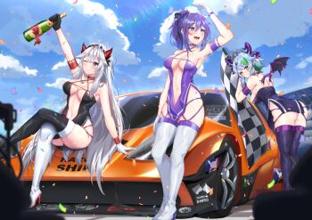 3girls apricot_the_lich ardenlolo armpits ass azur_lane black_leotard black_thighhighs blue_hair boots breasts car center_opening cleavage collarbone cosplay demon_girl demon_horns gma_t.50s green_hair grey_hair high_heels horns indie_virtual_youtuber leotard medium_breasts melody_(projektmelody) motor_vehicle multicolored_hair multiple_girls one_eye_closed pelvic_curtain presenting_armpit purple_hair purple_leotard purple_thighhighs race_queen revealing_clothes shiny_skin shoukaku_(azur_lane) shoukaku_(azur_lane)_(cosplay) shoukaku_(sororal_wings)_(azur_lane) skindentation smile streaked_hair thigh_boots thighhighs thighs vei_(vtuber) virtual_youtuber vshojo white_thighhighs zuikaku_(azur_lane) zuikaku_(azur_lane)_(cosplay) zuikaku_(the_wind&#039;s_true_name)_(azur_lane)