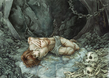 1boy arms_behind_back blood blood_on_ground bone chain chained closed_eyes emaciated grimace horror_(theme) indoors jenny_dolfen lying maedhros male_focus on_ground on_side painting_(medium) prison prison_cell red_hair scar scar_on_chest scar_on_leg scar_on_shoulder short_hair skeleton skull solo spiked_chain stone_floor stone_wall the_silmarillion tolkien's_legendarium topless_male torture traditional_media watercolor_(medium)