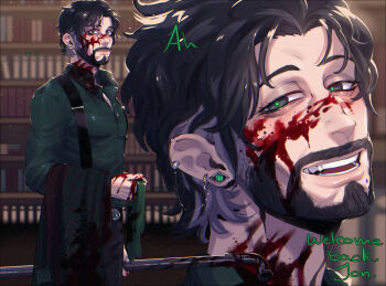 1boy aquiline_nose bags_under_eyes beard black_hair black_nails blackberreh-art blood blood_on_face blurry blurry_background blush bookshelf collared_shirt crow&#039;s_feet ear_piercing earrings elias_bouchard eyelashes facial_hair frown_lines green_pupils green_shirt grey_eyes grey_hair highres holding holding_lead_pipe industrial_pipe jewelry lead_pipe lips multicolored_hair mustache narrowed_eyes nose open_mouth piercing shirt short_hair smile smile_lines teeth the_magnus_archives two-tone_hair wrinkled_skin