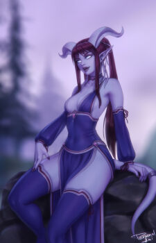 1girl blue_choker blue_dress blue_skin blue_thighhighs breasts choker colored_skin detached_sleeves draenei dress highres horns long_sleeves looking_at_viewer medium_breasts monster_girl outdoors parted_lips pelvic_curtain personal_ami pine_tree plunging_neckline pointy_ears ponytail red_hair signature sitting sleeve_ribbon smile solo tail tail_ornament tail_ring tentacles thighhighs tree warcraft white_eyes world_of_warcraft