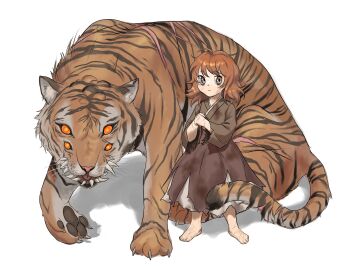 1girl absurdres adapted_costume alternate_species barefoot brown_eyes brown_kimono brown_skirt closed_mouth commentary dirty english_commentary extra_eyes extra_teeth fear_&amp;_hunger_(series) fear_&amp;_hunger_1 full_body highres japanese_clothes kimono looking_at_viewer medium_hair moonless_(fear_&amp;_hunger) orange_eyes orange_hair own_hands_together pupuzil scar scar_on_arm scar_on_foot shadow simple_background skirt solo standing the_girl_(fear_&amp;_hunger) tiger white_background