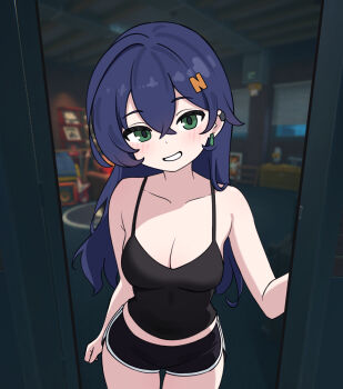 1girl absurdres alternate_hair_length alternate_hairstyle arutemisu180 belle_(zenless_zone_zero) black_camisole black_shorts blue_hair breasts camisole cleavage closed_mouth commentary dolphin_shorts doorway green_eyes grin hair_ornament highres large_breasts letter_hair_ornament long_hair looking_at_viewer pov_doorway shirt short_shorts shorts smile solo speech_bubble textless_version zenless_zone_zero