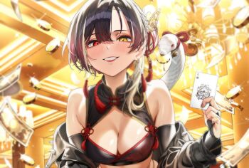 Rule 34 | ace (playing card), ace of spades, banknote, black bridal gauntlets, black hair, black jacket, breasts, bridal gauntlets, card, cleavage, coin, earrings, falling money, floral print, gold coin, heterochromia, holding, holding card, jacket, jewelry, kannagi loki, money, multicolored hair, open clothes, open jacket, phase connect, pink lips, playing card, raag jp, red eyes, rose print, second-party source, snake, spade (shape), streaked hair, tassel, tassel earrings, upper body, virtual youtuber, yellow eyes