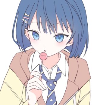 Rule 34 | 1girl, blue eyes, blue hair, candy, food, hair ornament, hairclip, hoochu prsk, kiritani haruka, necktie, open mouth, project sekai, short hair, simple background, solo