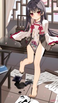 1girl bare_legs barefoot between_toes black_hair blush calligraphy calligraphy_brush feet highres holding_with_feet ink legs original paint_on_body paintbrush paper prehensile_toes red_eyes sitting sitting_on_table smile thighs toes zds