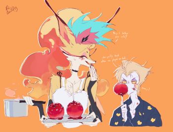1boy 1girl apron beelzebub_(helluva_boss) blonde_hair blush candy_apple demon_boy demon_girl food fox_girl furry furry_female hazbin_hotel hellaverse helluva_boss highres holding_candy_apple holding_food lipstick_mark long_hair lucifer_morningstar_(hazbin_hotel) multicolored_hair orange_background white_apron yokichan013
