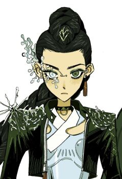 Rule 34 | 1girl, aespa, black hair, black jacket, blush, braid, braided ponytail, choker, cropped jacket, earrings, eyeshadow, heterochromia, highres, jacket, jewelry, korean commentary, kouwn, kpop demon hunters, looking at viewer, makeup, mascara, rumi (kpop demon hunters), simple background, single earring, solo, upper body, white background