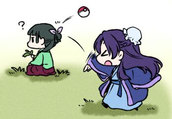>_< 2girls ? aoqun bouncing braid bun_cover chibi chinese_clothes coat grass green_hair hair_bun hair_over_shoulder half_updo hanfu herb holding holding_plant jinshi_(kusuriya_no_hitorigoto) jitome kusuriya_no_hitorigoto long_hair long_sleeves maomao_(kusuriya_no_hitorigoto) motion_lines multiple_girls nekokurage_(gen'eikai_tsuushin) nintendo on_ground open_mouth outstretched_arms parody plant pokemon profile purple_hair robe sash single_braid single_hair_bun sitting skirt standing throwing throwing_poke_ball wide_sleeves