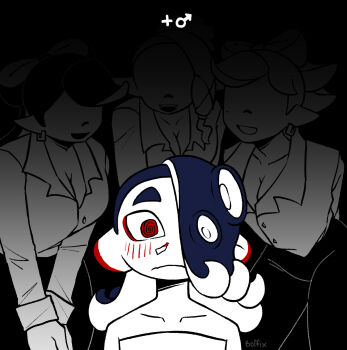 4girls @_@ arms_behind_back artist_name asymmetrical_hair bare_shoulders behind_another black_background black_hair black_pants blood blood_on_paper blue_hair blush boffix bow-shaped_hair breasts callie_(splatoon) chest_sarashi cleavage closed_mouth collarbone collared_shirt cowboy_shot crossover ear_blush earrings eyeliner eyeshadow face_in_shadow faceless faceless_female facing_viewer fangs flustered frye_(splatoon) greyscale hair_ornament hair_over_one_eye hair_tie harem highres hoop_earrings implied_nosebleed inkling jewelry large_ears leaning_forward long_hair long_sleeves looking_at_another looking_at_viewer makeup marie_(splatoon) mars_symbol medium_breasts medium_hair mole mole_under_eye monochrome multiple_girls nintendo no_eyes nosebleed octoling one_eye_covered open_mouth own_hands_together pants parted_bangs plus_danshi_(vocaloid) plus_sign pointy_ears red_eyeliner red_eyes red_eyeshadow sarashi shaded_face shadow shirt shiver_(splatoon) short_hair smile solo_focus song_name splatoon_(series) splatoon_3 spot_color suction_cups surprised surrounded surrounded_by_breasts swept_bangs tentacle_hair thick_eyebrows thighs tissue_in_nose vocaloid wavy_mouth white_shirt wide-eyed x_hair_ornament yuri