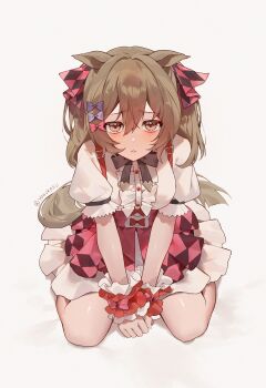 Rule 34 | 1girl, :<, absurdres, animal ears, blush, bow, bowtie, breasts, brown hair, center frills, clenched hands, closed mouth, ears down, frills, full body, furrowed brow, hair bow, highres, horse ears, horse girl, horse tail, layered skirt, looking at viewer, medium hair, pink skirt, puffy short sleeves, puffy sleeves, shirt, short hair, short sleeves, sitting, skirt, small breasts, smart falcon (love 4ever) (umamusume), smart falcon (umamusume), solo, suspender skirt, suspenders, tail, twintails, twitter username, umamusume, wariza, white shirt, wrist cuffs, yellow eyes, yogukasu