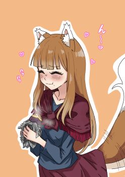 1girl :t ^_^ absurdres akuma0320 animal_ear_fluff animal_ears blue_shirt blunt_bangs blush brown_hair capelet closed_eyes closed_mouth commentary_request cowboy_shot expressive_tail food food_on_face fringe_trim furrowed_brow happy heart highres holding holding_food holo long_hair long_sleeves motion_lines orange_background outline red_capelet red_skirt roasted_sweet_potato shirt sidelocks simple_background skirt smile solo sound_effects spice_and_wolf split_mouth steam straight_hair sweet_potato tail tail_raised tail_wagging very_long_hair white_outline wolf_ears wolf_girl wolf_tail