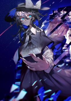 Rule 34 | 2girls, alternate eye color, back-to-back, black capelet, black hair, black hat, black skirt, blonde hair, blue eyes, blue theme, bow, building, capelet, cityscape, closed mouth, collar, dress, grey necktie, hair between eyes, hat, hat bow, highres, holding, holding phone, large bow, long sleeves, looking to the side, maribel hearn, medium hair, meteor shower, mob cap, multiple girls, muraryo, nail polish, necktie, night, night sky, phone, purple dress, shirt, skirt, sky, skyscraper, sleeve cuffs, solo focus, star (sky), starry sky, touhou, usami renko, white bow, white collar, white hat, white shirt, wide brim