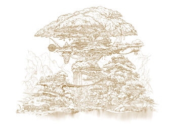 border bridge building cloud commentary_request day fading_border fantasy field giant_tree greyscale hanging_bridge highres house magewappa_z monochrome mountain mountainous_horizon mushroom no_humans original outdoors path photoshop_(medium) river road rock scenery town tree water waterfall wheel windmill