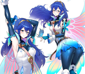 1girl alternate_costume ameno_(a_meno0) ass blue_eyes blue_hair blush breasts dress fingerless_gloves fire_emblem fire_emblem_awakening fire_emblem_heroes from_behind gloves hairband leaning leaning_forward long_hair looking_at_viewer looking_back lucina_(fire_emblem) nintendo pants parted_lips short_dress smile solo very_long_hair wing