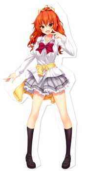 Rule 34 | 1girl, asuhara yuuki, black shoes, black socks, blush, bow, bowtie, breasts, clothes around waist, collarbone, collared shirt, fang, full body, grey skirt, hair between eyes, hand up, high ponytail, highres, kneehighs, large breasts, loafers, long hair, looking at viewer, nora to oujo to noraneko heart, official art, oozora itsuki, open mouth, orange eyes, orange hair, orange ribbon, orange sweater, outline, pleated skirt, ponytail, red bow, red bowtie, ribbon, school uniform, shirt, shoes, simple background, skirt, smile, socks, solo, standing, sweater, sweater around waist, tachi-e, transparent background, v, white shirt, wing collar