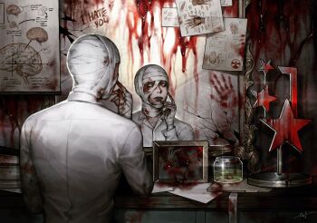 1boy ambiguous_green_liquid anatomy bandaged_arm bandaged_head bandaged_neck bandages blood blood_drip blood_on_clothes blood_on_face bloody_handprints brain broken_glass collared_shirt diagram english_text glass hand_on_own_face handprint highres jar looking_at_reflection male_focus original paper parted_lips photo_(object) reflection shinku_syrup shirt standing upper_body white_shirt yellow_eyes