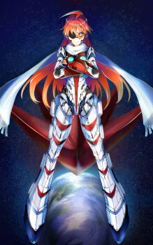 Rule 34 | 1girl, ahoge, buster machine 7, closed mouth, commentary, crossed arms, earth (planet), full body, gunbuster pose, highres, joints, legs apart, long hair, looking at viewer, nono (top wo nerae 2!), orange-tinted eyewear, orange hair, partially shaded face, planet, robot girl, robot joints, scarf, science fiction, solo, space, star (sky), straight-on, sunglasses, take (pixiv58784208), tinted eyewear, top wo nerae! (series), top wo nerae 2!, very long hair, white scarf