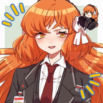 Rule 34 | 1girl, black jacket, black vest, bow, chibi, chibi inset, collared shirt, green eyes, hair bow, highres, id card, ishmael (project moon), jacket, lapels, limbus company, long hair, multiple views, necktie, notched lapels, open mouth, orange hair, project moon, red necktie, rug (yurari606), shirt, smile, very long hair, vest, white bow, white shirt