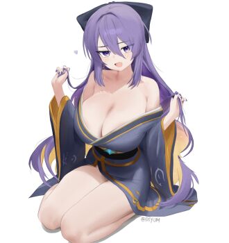 Rule 34 | 1girl, alternate costume, armpit crease, blonde hair, bow, breasts, cleavage, collarbone, colored inner hair, commentary request, d5y0m, earrings, fang, fingernails, gradient eyes, grey kimono, hair between eyes, hair bow, heart, highres, holding own hair, hololive, hololive indonesia, japanese clothes, jewelry, kimono, korean commentary, large breasts, long hair, looking at viewer, moona hoshinova, multicolored eyes, multicolored hair, obi, off shoulder, open mouth, purple eyes, purple hair, purple nails, sash, seiza, signature, simple background, sitting, solo, spoken heart, very long hair, virtual youtuber, white background