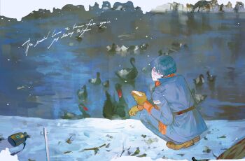 1boy absurdres bad_source blue_hair blue_pants food gloves gundam highres holding holding_food jacket kamille_bidan looking_back male_focus outdoors pants pulppunk001 sandwich short_hair snow solo squatting zeta_gundam