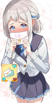 1girl blue_eyes blue_ribbon blue_skirt blush braid commentary_request covered_mouth crouching_start envelope gakuen_idolmaster grey_hair hair_ribbon highres holding holding_envelope idolmaster jacket katsuragi_lilja long_sleeves looking_at_viewer neck_ribbon nose_blush pleated_skirt ribbon ribbon_braid shirt short_hair skirt solo translation_request white_jacket white_shirt