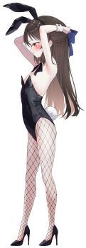 1girl absurdres animal_ear_hairband animal_ears armpits arms_behind_head arms_up bare_shoulders black_bow black_bowtie black_leotard black_shoes blue_bow blue_ribbon blush bow bowtie breasts brown_eyes brown_hair detached_collar fake_animal_ears fake_tail fella_(vpffk0731) fishnet_pantyhose fishnets flat_chest from_side full_body hair_bow hair_ribbon hairband half_updo high_heels highres idolmaster idolmaster_cinderella_girls idolmaster_cinderella_girls_starlight_stage idolmaster_cinderella_girls_u149 leotard loli long_hair oversized_breast_cup pantyhose playboy_bunny profile rabbit_ears rabbit_tail ribbon shoes simple_background small_breasts solo standing strapless strapless_leotard tachibana_arisu tail white_background wrist_cuffs