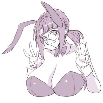Rule 34 | animal ears, bow, bowtie, breasts, cleavage, commentary, double v, english commentary, fio germi, glasses, madsensei, metal slug, monochrome, playboy bunny, rabbit ears, round eyewear, smile, solo, v, white background