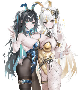 Rule 34 | 2girls, abigail (black survival), abigail (poker face) (black survival), absurdres, ahoge, animal ears, armband, armpit crease, bare shoulders, belt, black hair, black survival, blonde hair, blue eyes, blue hair, blue leotard, bow, bowtie, breast press, breasts, brown pantyhose, cleavage, colored inner hair, commentary, covered navel, detached collar, eternal return: black survival, fake animal ears, fishnet pantyhose, fishnets, gradient hair, hair bow, hairband, hand on another's hip, hand up, highleg, highleg leotard, highres, jewelry, large breasts, leotard, long hair, looking at viewer, minami rio, minami rio (winning shot), multicolored hair, multiple girls, official alternate costume, one side up, pantyhose, playboy bunny, rabbit ears, side-tie leotard, sideboob, skindentation, strapless, strapless leotard, symmetrical docking, thigh strap, thighband pantyhose, thighlet, thighs, two-tone hair, v, very long hair, white hair, wrist cuffs, yellow eyes, yellow leotard, yonchan