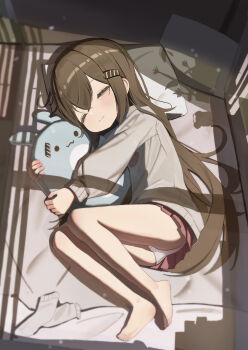 1girl absurdres ass baigao-ji_(baigao) barefoot borrowed_character brown_hair closed_eyes commission feet hair_ornament hairclip highres hug hugging_object loli long_hair lying miniskirt nyune on_side original panties pantyshot pink_skirt pixiv_commission pleated_skirt skirt sleeping socks soles solo stuffed_toy sweater thighs toes underwear unworn_socks white_panties white_sweater