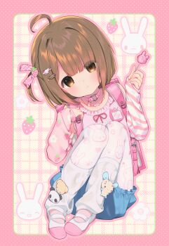 1girl absurdres ahoge animal_print arm_warmers artist_request backpack bag blue_shorts blush bone_necklace border brown-haired_girl_(0113miko) brown_eyes brown_hair candy choker closed_mouth collar commission floral_background floral_print food food_print frilled_shirt frills fruit_print full_body hair_ornament hair_ribbon hairclip hands_up heart heart_o-ring heart_print heart_ring_choker heisei_retro highres holding holding_candy holding_food holding_lollipop jewelry jojifuku knees_up leg_warmers lollipop looking_at_viewer matching_hair/eyes medium_hair name_tag necklace o-ring o-ring_choker one_side_up original pantyhose paw_print pink_arm_warmers pink_bag pink_border pink_choker pink_collar pink_ribbon pink_shirt pink_shoes print_arm_warmers print_pantyhose rabbit_background rabbit_print randoseru ribbon second-party_source shaped_lollipop shirt shoes shorts sleeveless sleeveless_shirt solo strawberry_background strawberry_print stuffed_animal stuffed_panda stuffed_rabbit stuffed_toy uwabaki white_leg_warmers white_pantyhose yellow_background