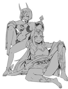 2girls bare_shoulders breasts cup eyeliner facial_mark fate/grand_order fate_(series) forehead forehead_mark gourd greyscale hair_pulled_back headpiece horns ibaraki_douji_(fate) japanese_clothes kimono long_hair long_sleeves looking_at_viewer makeup minew monochrome multiple_girls off_shoulder oni revealing_clothes sakazuki sash short_hair shuten_douji_(fate) sitting small_breasts smile solo tattoo wide_sleeves