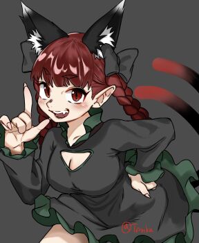 Rule 34 | 1girl, animal ear fluff, animal ears, black background, black bow, black dress, bow, cat ears, cat girl, cat tail, cleavage cutout, clothing cutout, commentary, dress, extra ears, fingernails, frilled dress, frills, hair bow, hand on own hip, highres, index finger raised, kaenbyou rin, long fingernails, long hair, long sleeves, looking at viewer, multiple tails, open mouth, red eyes, red hair, simple background, slit pupils, solo, tail, tenkatorouze, touhou, twitter username, two tails