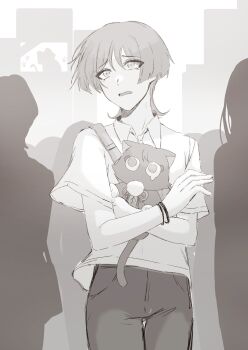 1boy alternate_universe animal animalization blunt_ends bracelet cat collared_shirt commentary_request dlgodls0731 feathers genshin_impact highres holding holding_animal holding_cat jewelry korean_commentary looking_to_the_side open_mouth panicking pants person_and_animalization pom_pom_(clothes) scaramouche_(cat)_(genshin_impact) scaramouche_(genshin_impact) shirt short_sleeves string tearing_up tears tsurime wispy_bangs