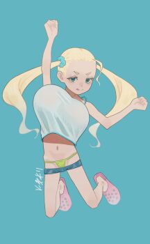 1girl :q ahoge aqua_eyes arms_up artist_name bad_id bad_pixiv_id bare_shoulders bikini bikini_bottom_only blonde_hair blue_background blue_scrunchie bouncing_breasts breasts camisole crocs denim denim_shorts full_body green_panties hair_ornament hair_scrunchie highres hip_bones huge_breasts jumping kusogaki-chan_(niwatori5948) loli long_hair looking_at_viewer micro_shorts midair navel niwatori5948 oppai_loli original panties pink_shoes scrunchie shoes shorts signature skinny solo spaghetti_strap swimsuit tongue tongue_out twintails unaligned_breasts underwear v-shaped_eyebrows white_camisole