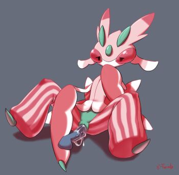 Rule 34 | 1girl, 8-tomb, antennae, arthropod girl, artist name, feet, full body, gen 7 pokemon, grey background, half-closed eyes, hetero, highres, lurantis, monster, monster girl, navel, nintendo, no humans, no mouth, penis, pinstripe pattern, pokemon, pokemon (creature), pussy, pussy juice, red eyes, sex, signature, simple background, sitting, solo, spread legs, striped, text focus, uncensored, vaginal