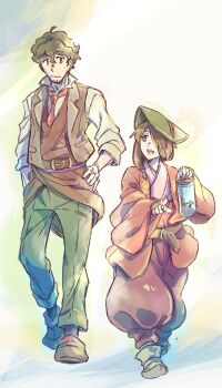 1boy 1girl belt bottle brown_eyes brown_hair brown_vest commentary_request crossover facial_hair hair_over_one_eye hand_on_own_hip hat highres kagari_(kuramerukagari) kuramerukagari kurayukaba looking_at_another necktie open_mouth pants pointing puffy_pants red_necktie short_hair simple_background smile soutarou_(kurayukaba) stubble teeth upper_teeth_only vest walking yutarou