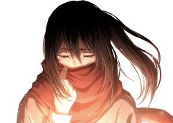 Rule 34 | 1girl, absurdres, artist name, black hair, closed eyes, covered mouth, facing viewer, hair between eyes, highres, light particles, long sleeves, medium hair, mikasa ackerman, red scarf, scarf, shingeki no kyojin, signature, simple background, sirius 0905hz, solo, tears, upper body, white background