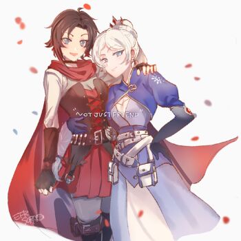 2girls arm_around_shoulder artist_name belt black_hair blue_dress blue_eyes cape dress elbow_gloves english_text falling_petals gloves gradient_hair grey_eyes hand_on_own_hip long_hair multicolored_hair multiple_girls petals ponytail pouch red_cape red_dress red_hair ruby_rose rwby short_hair sora_(efr) tiara weiss_schnee white_background white_hair yuri