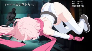 1girl 2boys absurdres ahoge arm_warmers arukari8 ass belt black_pants black_shirt black_shoes commentary_request defeat face_down faceplant game_screenshot gloves highleg highleg_leotard highres leotard long_hair multiple_boys original pants pink_gloves pink_hair pink_scarf scarf shirt shoes thighhighs thighs top-down_bottom-up white_leotard white_thighhighs