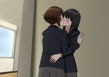 2girls absurdres black_hair black_jacket blazer brown_hair closed_eyes commentary_request french_kiss grey_skirt hand_on_another's_waist highres indoors jacket kiss long_hair multiple_girls original pleated_skirt ryuusa school school_uniform short_hair skirt yuri